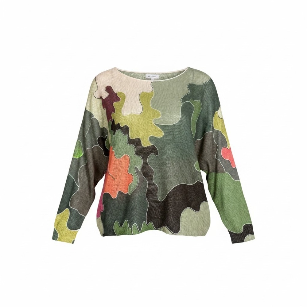 Loowie Eco-Design Abstract Camo Open Knit Sweater Top Airy Womens OS Green Italy